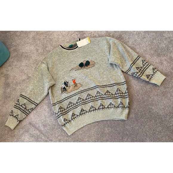 NWT Vintage C&A Sweater Crew Neck Pull Over Golf Scene Knit Design Gray XL - Picture 2 of 11